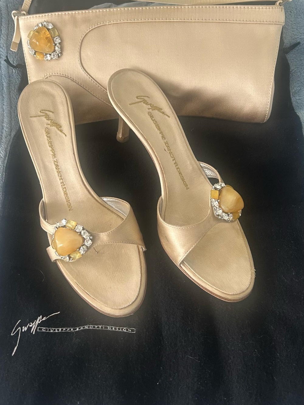 Giuseppe Zanotti Gold Satin Slide Sandals with Yellow Jewel